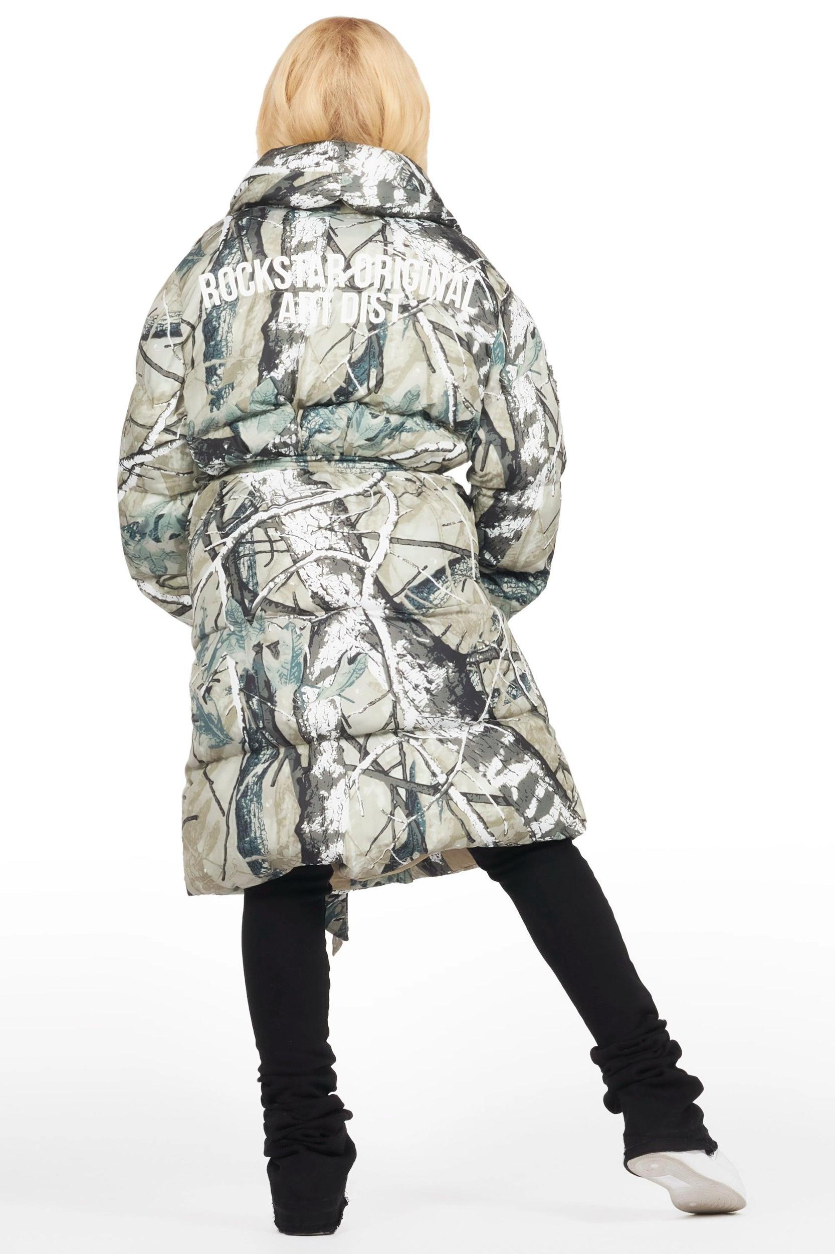 Sehrazat Tree Camo Long Wrap Puffer Jacket Female Product Image