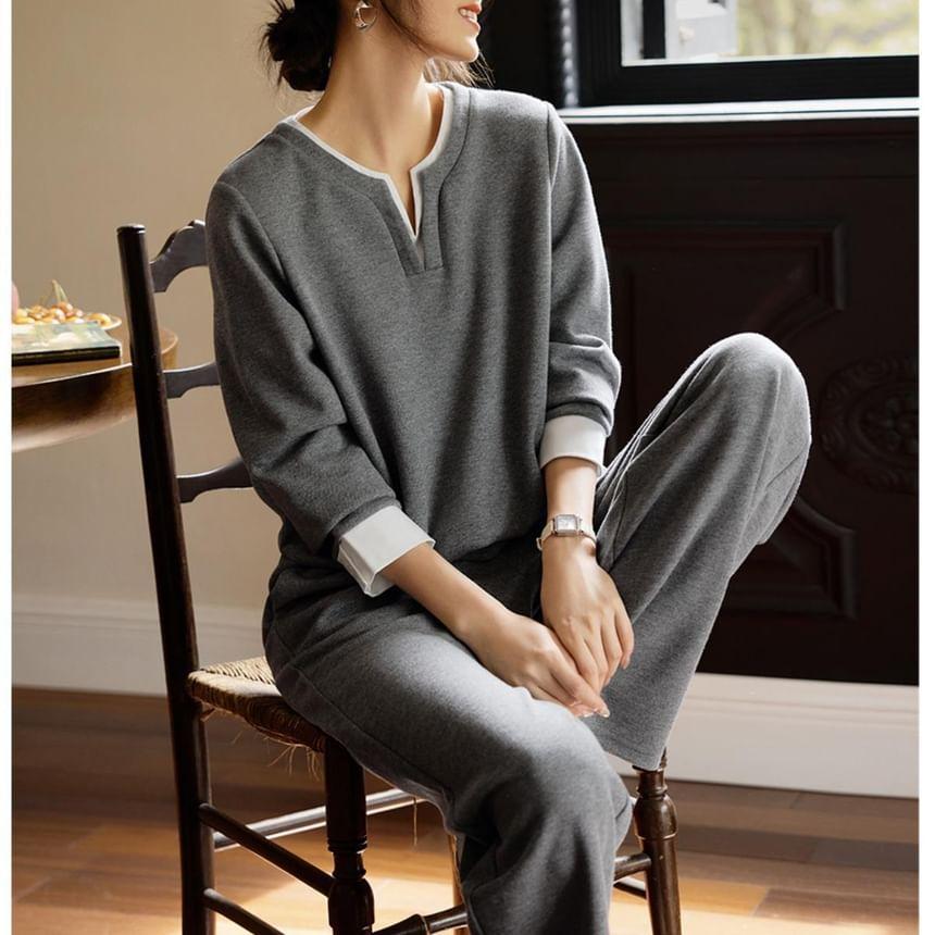 Set: Notched Two Tone Pullover + High Waist Straight Leg Pants Product Image