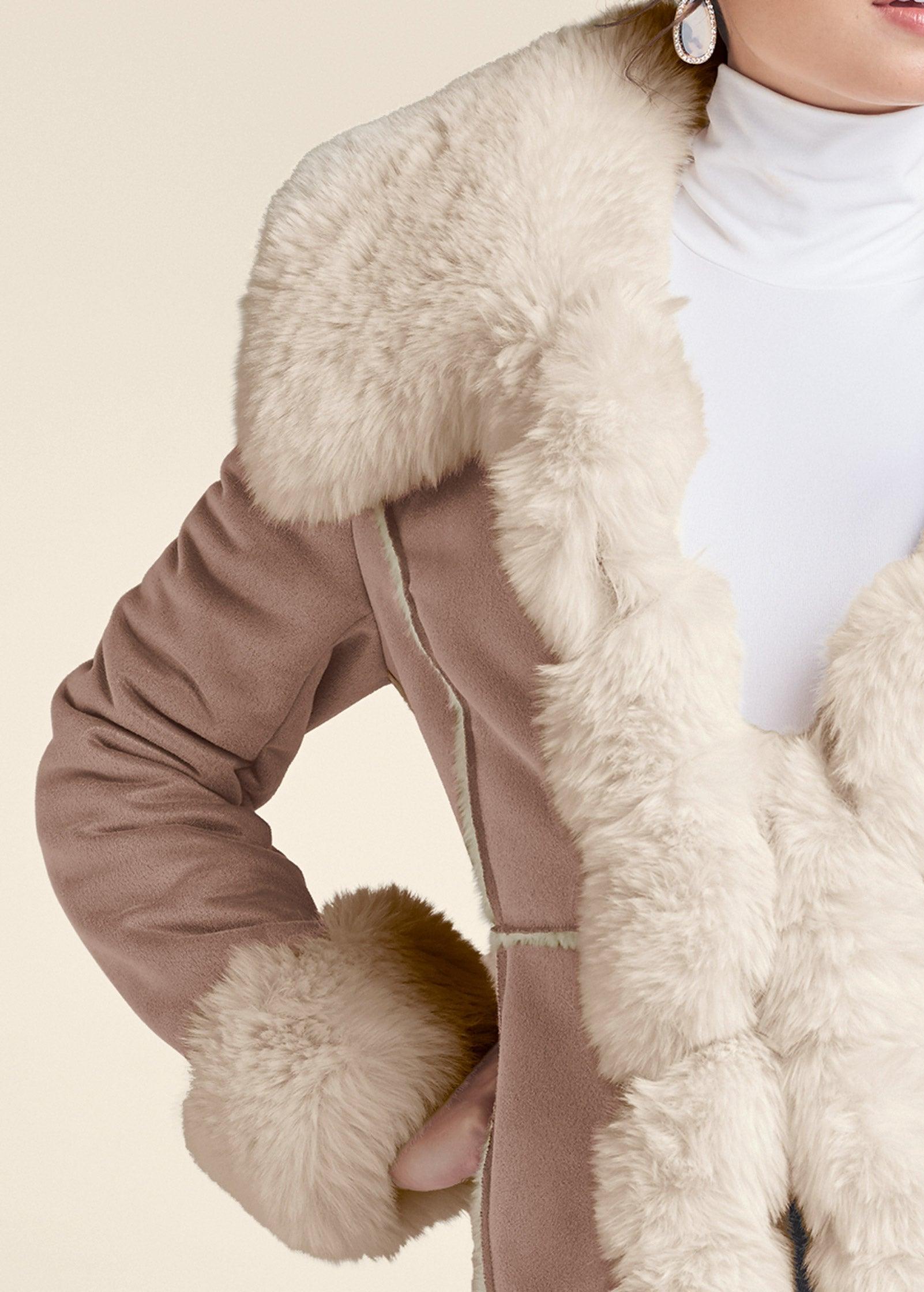 Faux-Suede-And-Fur Coat - Taupe & Off White Product Image