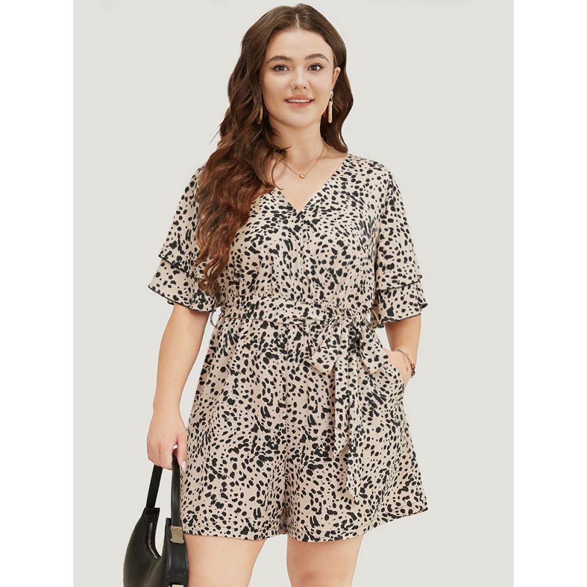 Plus Size Apricot Allover Print Ruffle Layered Sleeve Pocket Belted Jumpsuit Women Office Short sleeve V-neck Work Loose Jumpsuits BloomChic 22-24/3X Product Image