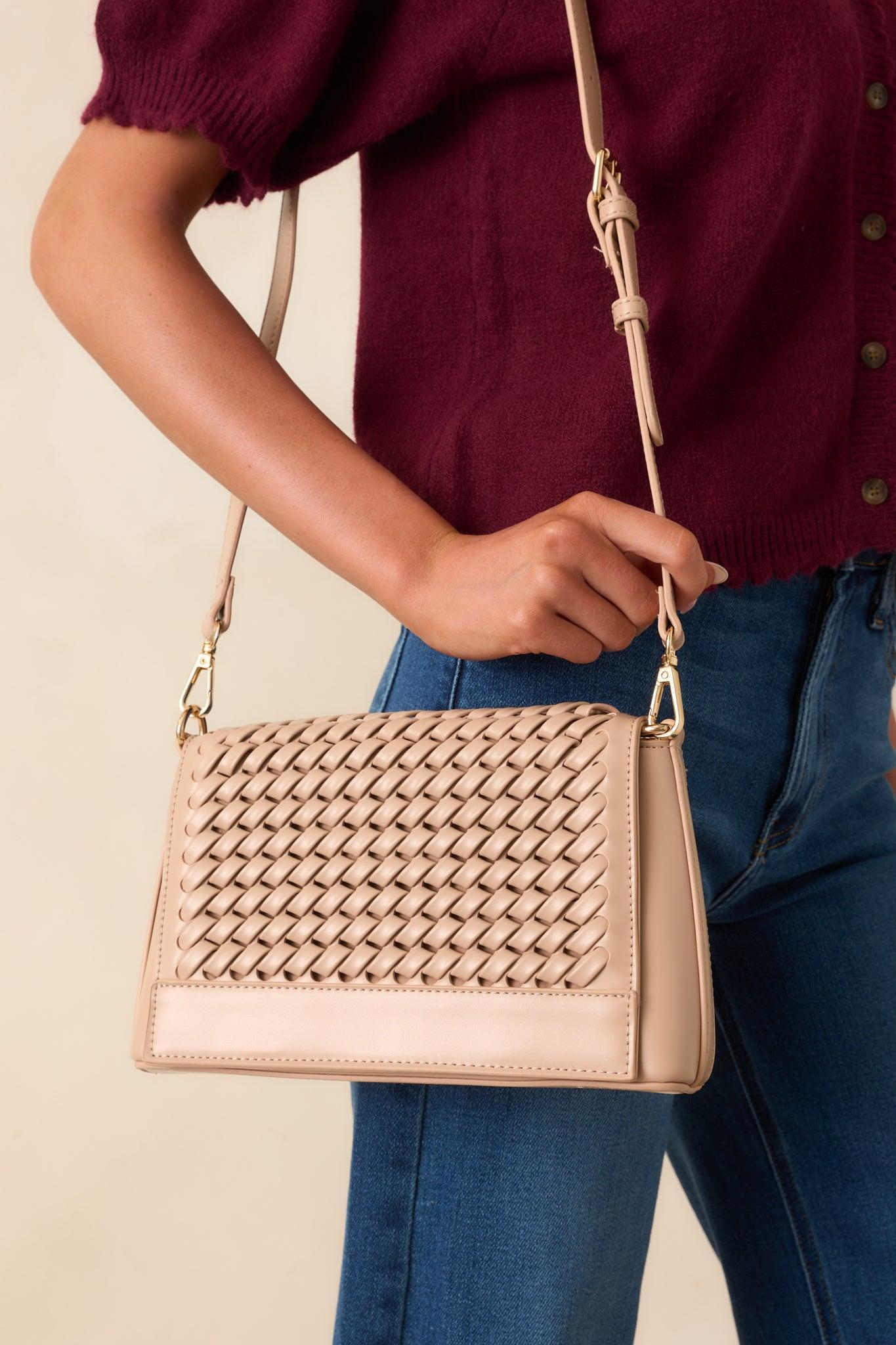 A Little Off Track Beige Woven Faux Leather Handbag Product Image