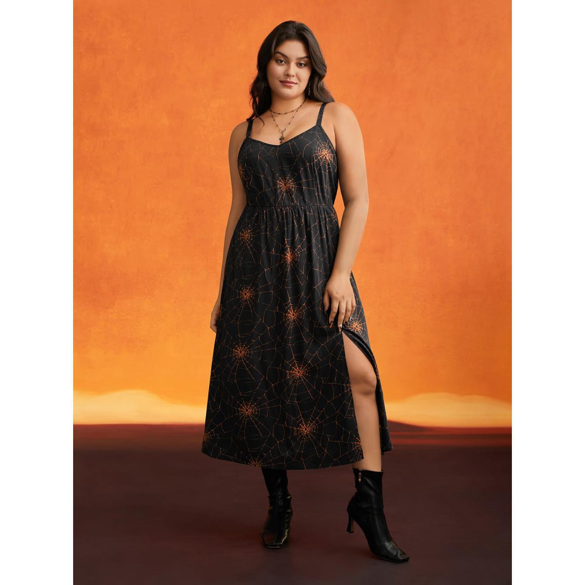 Plus Size Mystical Spiderweb Waist-Cinching Midi Dress Black Women Cocktail Slit Party Curvy Bloomchic 18-20/2X Product Image