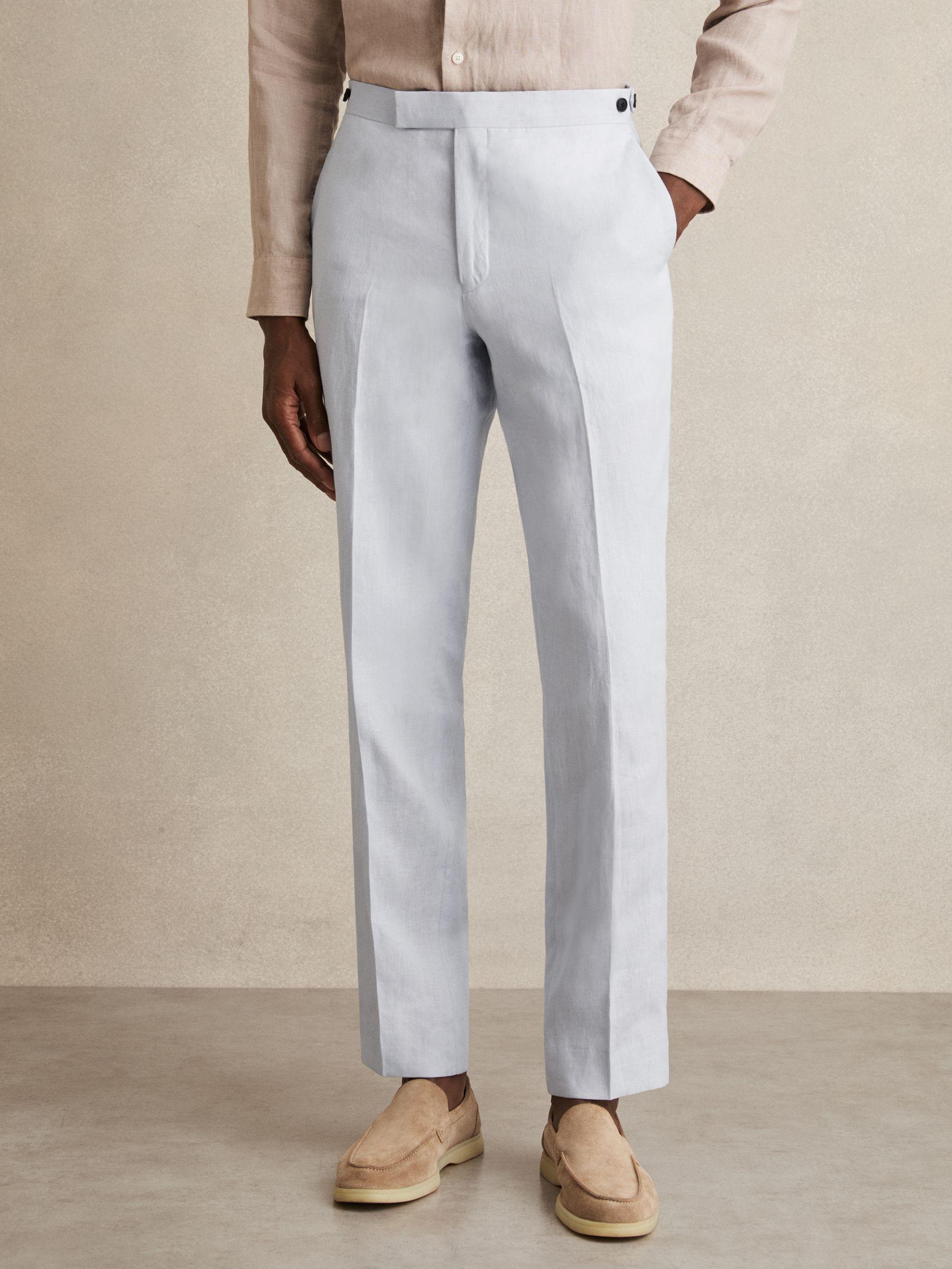 Slim Fit Linen Adjuster Trousers in Soft Blue Product Image