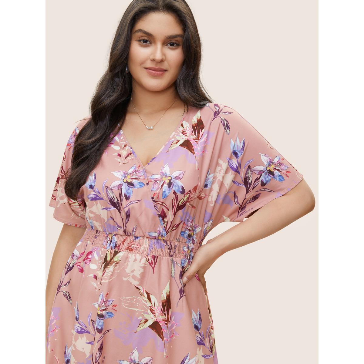 Plus Size Floral Shirred Overlap Collar Elastic Waist Dress Crepe Women Elegant Non Overlap Collar Short sleeve Curvy Midi Dress BloomChic 30/6X Product Image