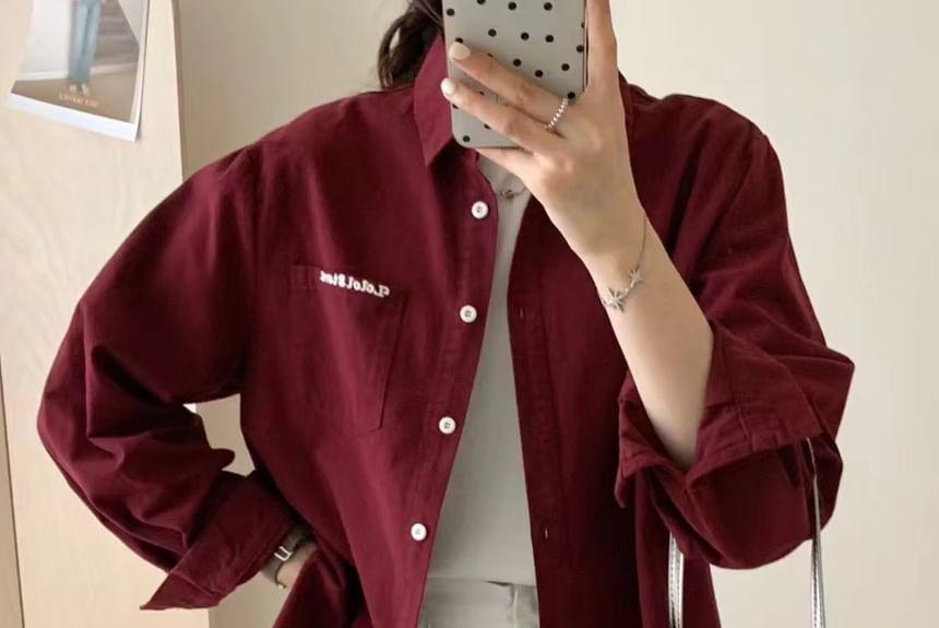 Long Sleeve Collared Lettering Button Up Shirt Product Image