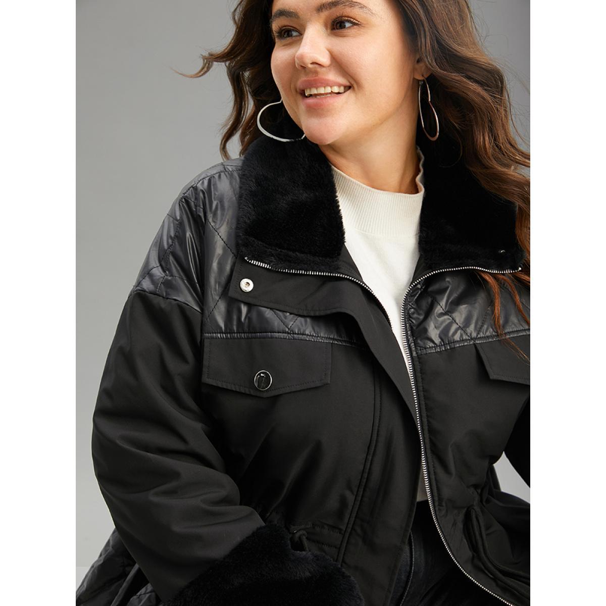 Plus Size Patchwork Fuzzy Drawstring Pocket Quilted Coat Women Black Casual Zipper Ladies Dailywear Winter Coats BloomChic 10/M Product Image