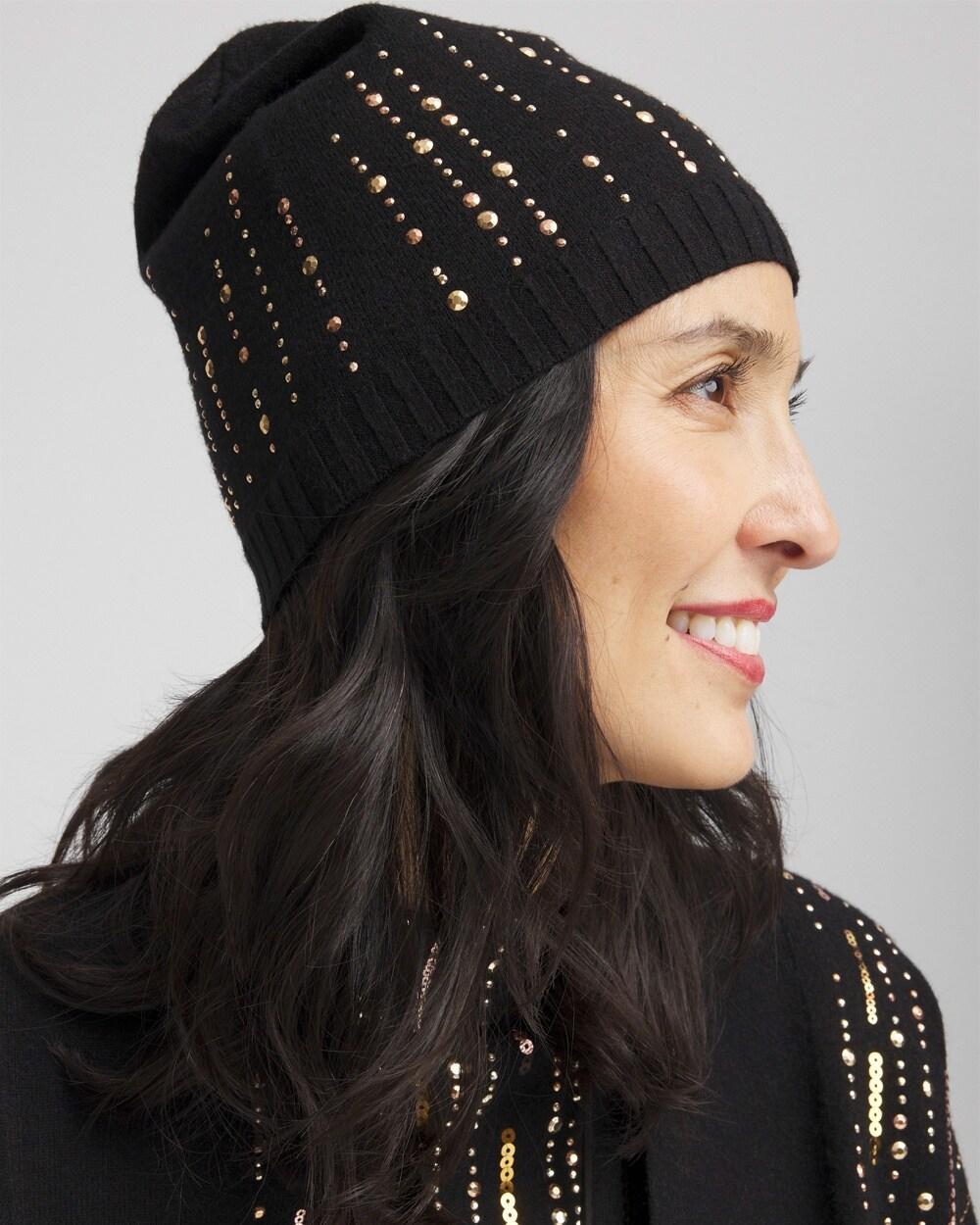 Black Embellished Knit Hat Product Image