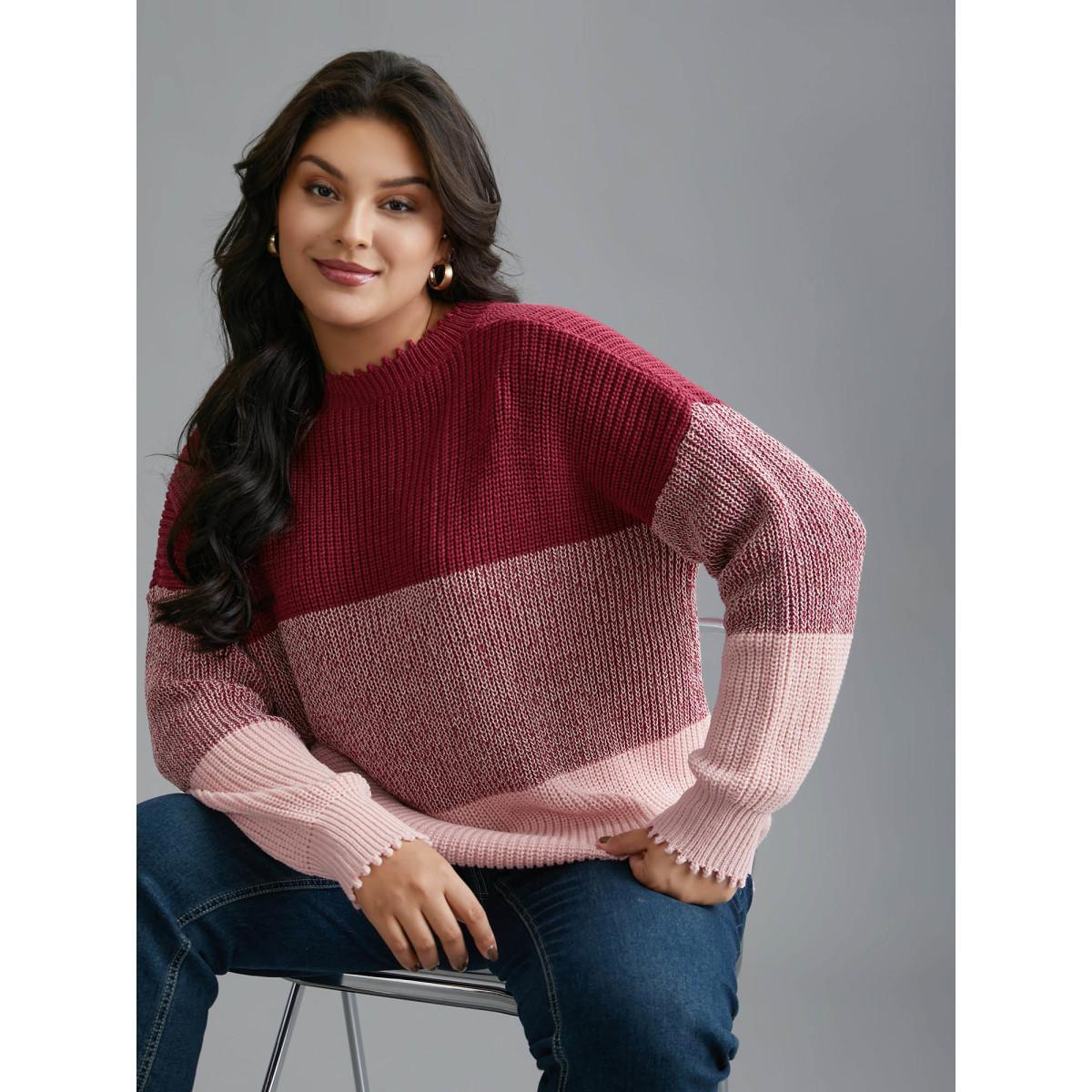 Plus Size Color Block Texture Round Neck Pullover Rosered Women Casual Loose Long Sleeve Round Neck Everyday Pullovers BloomChic 28/5X Product Image