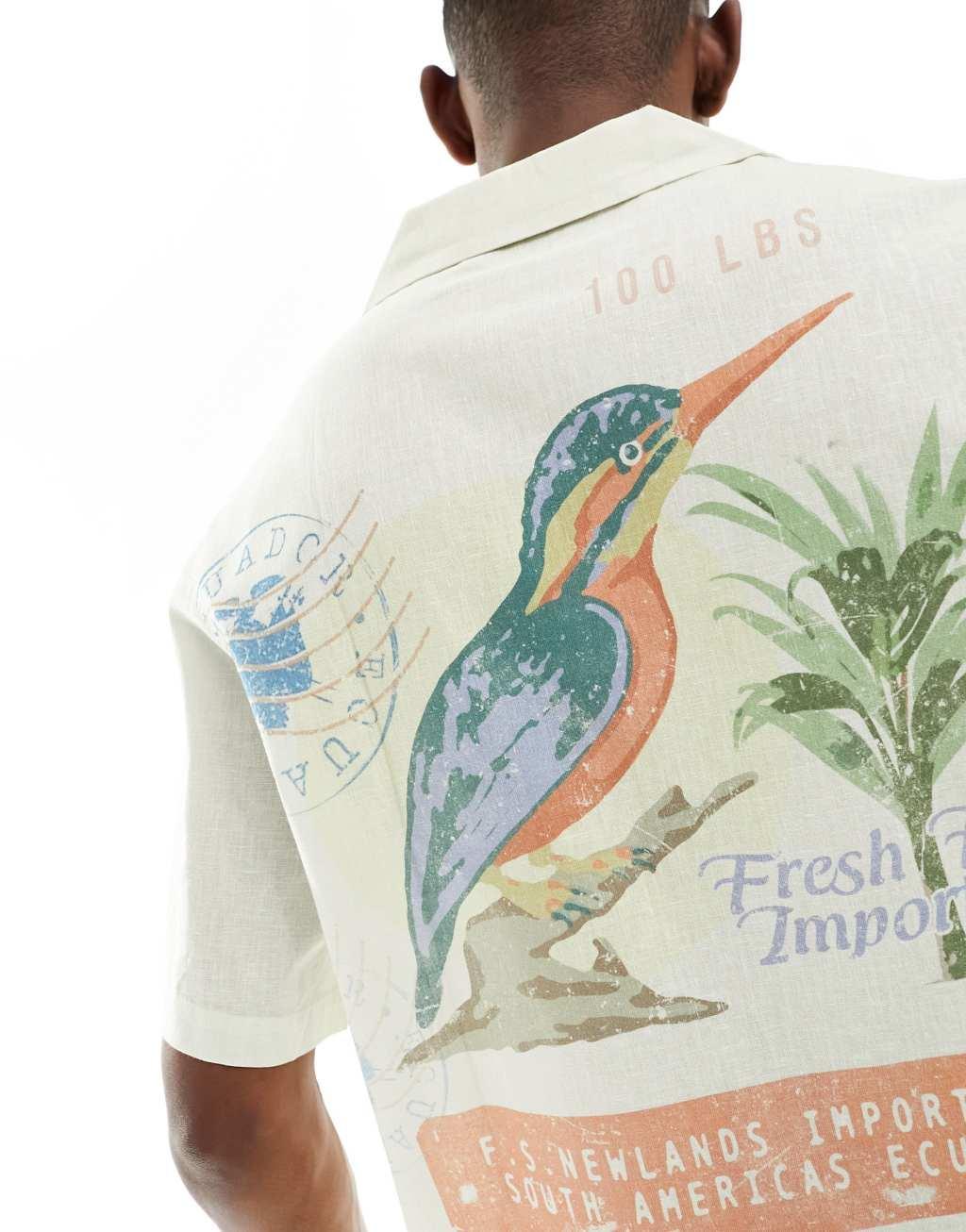 ASOS DESIGN relaxed revere shirt with bird print-White Product Image