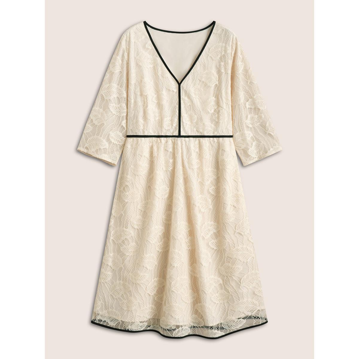 Plus Size Contrast Trim Lace V Neck Dress Apricot Women Elegant Non V-neck Elbow-length sleeve Curvy Midi Dress BloomChic 18-20/2X Product Image