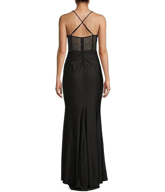 B. Darlin Cowl Neck Spaghetti Strap Rhinestone Illusion Corset Bodice Front Slit Dress Product Image