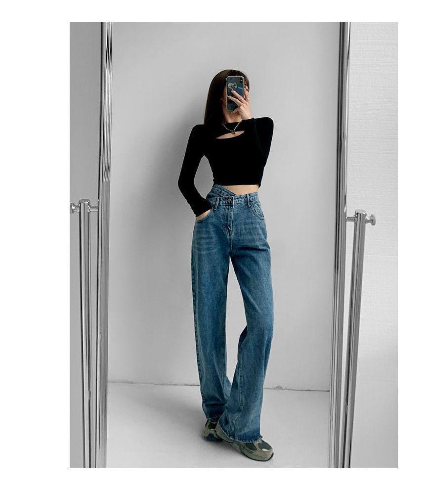 High Rise Asymmetrical Loose Fit Jeans (Various Designs) Product Image