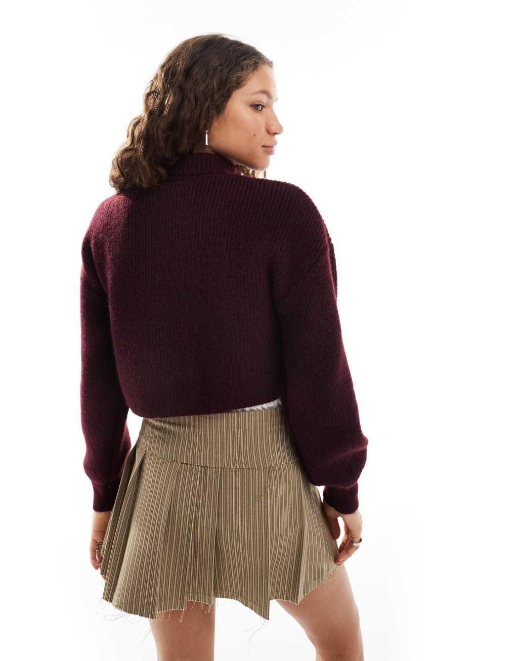 Monki cropped high neck sweater in burgundy Product Image