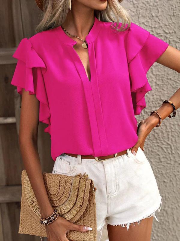 Loose Ruffle Sleeves Ruffle Trim Solid Color V-Neck Blouses&Shirts Tops Product Image