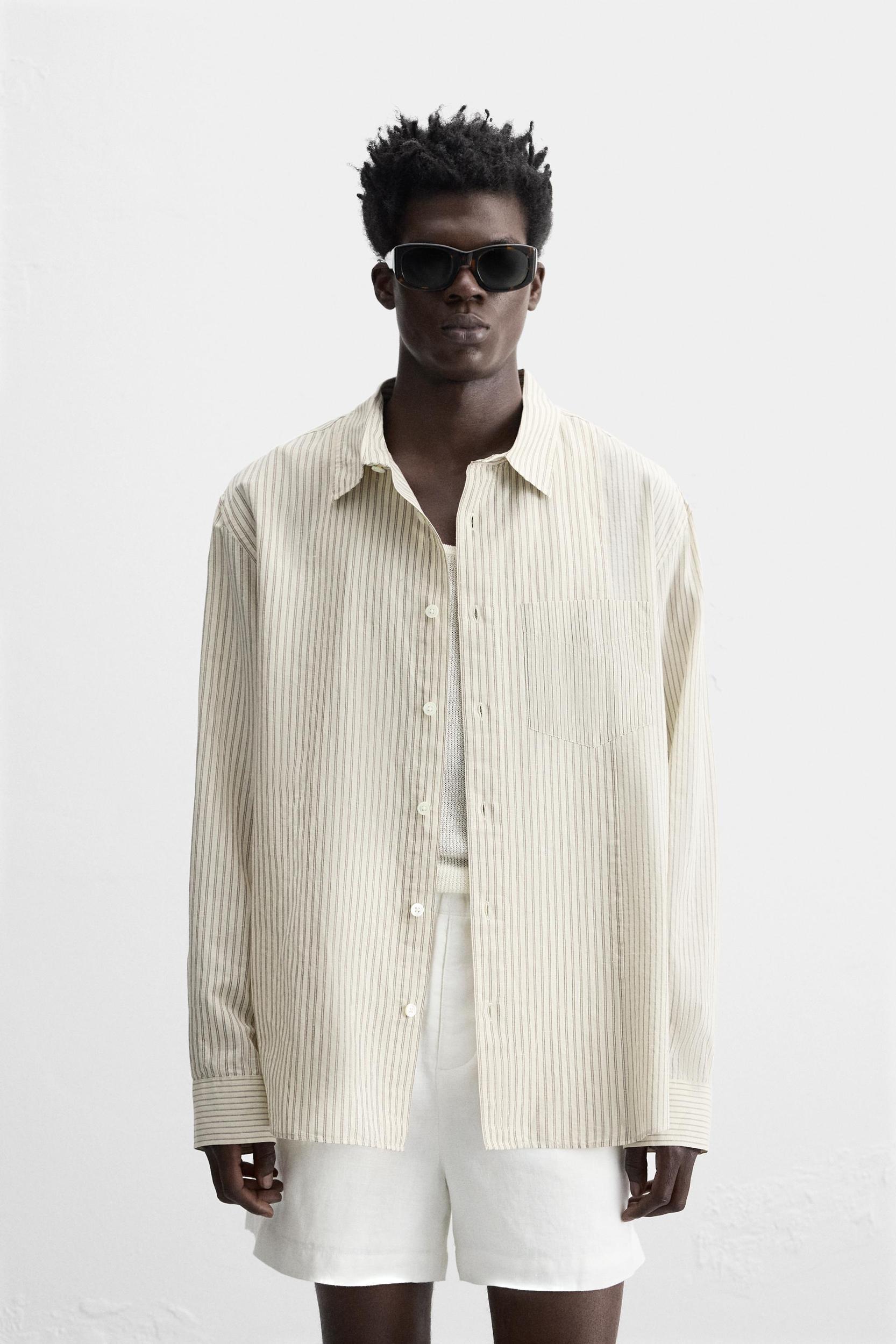 LINEN-COTTON STRIPED PATCHWORK SHIRT Product Image