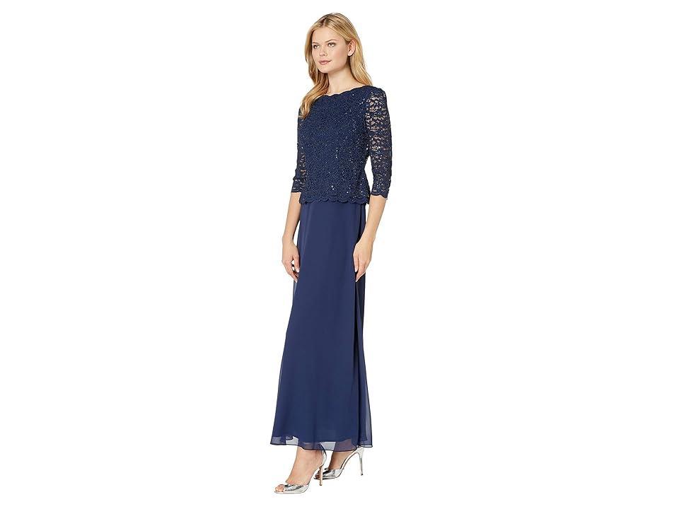 Alex Evenings 34 Sleeve Sequined Lace Crew Neck Scalloped Bodice Chiffon Skirted Gown Product Image
