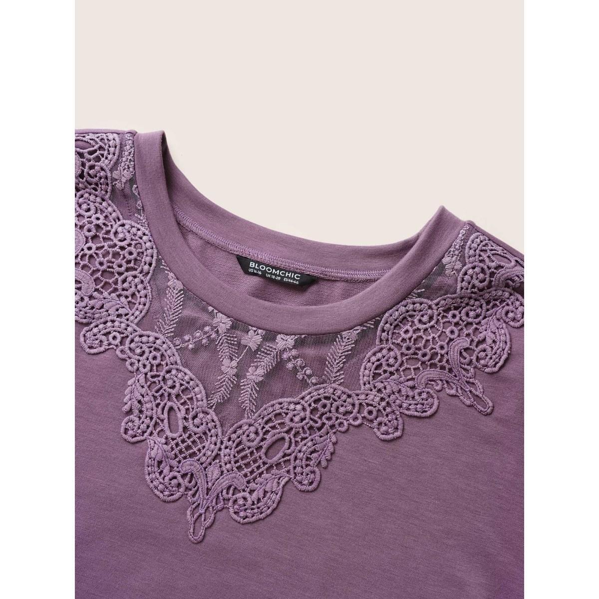 Plus Size Round Neck Lace Patchwork Sweatshirt Women Mauve Casual See through Round Neck Everyday Sweatshirts BloomChic 14-16/1X Product Image