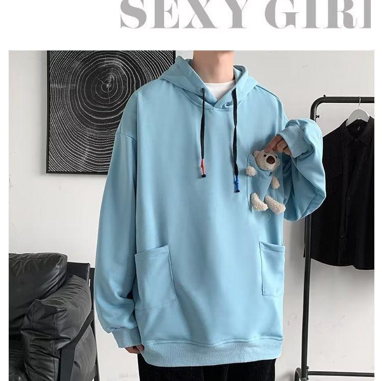Drawstring Plain Bear Detail Hoodie Product Image