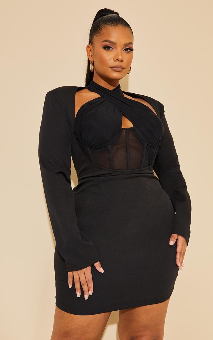 Plus Black Corset Cross Front Bodycon Dress Product Image