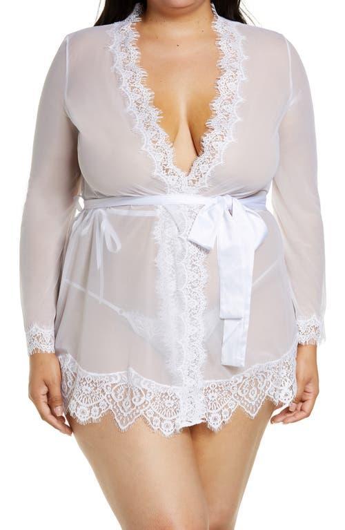 Plus Size Oh La La Cheri Provence Eyelash Lace Robe & G-String Set 94-11136X, Women's, Size: 3XL-4XL, White Product Image