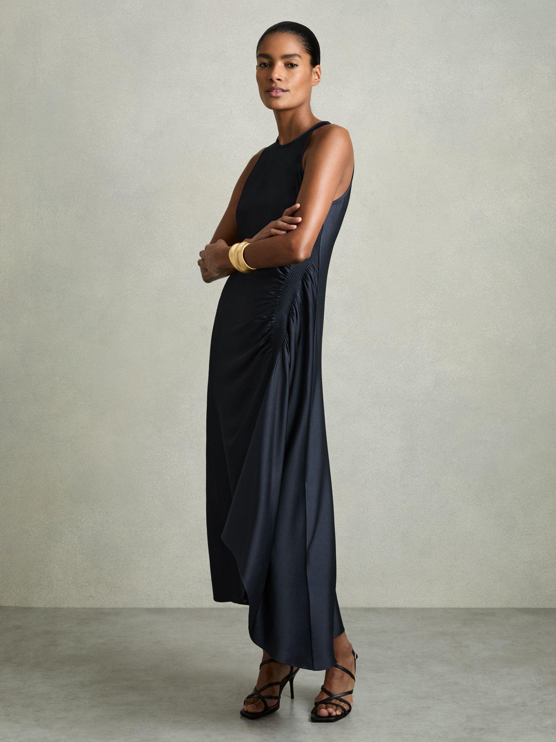Petite Satin Shirred Midi Dress in Navy Product Image