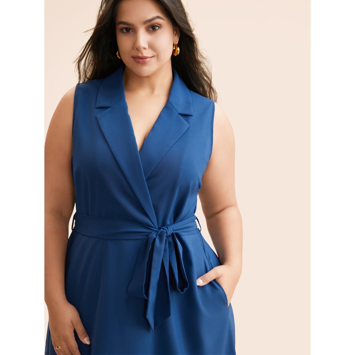 Plus Size Suit Collar Floral Belted Sleeveless Dress DarkBlue Women At the Office Belted Suit Collar Sleeveless Curvy BloomChic 28/5X Product Image