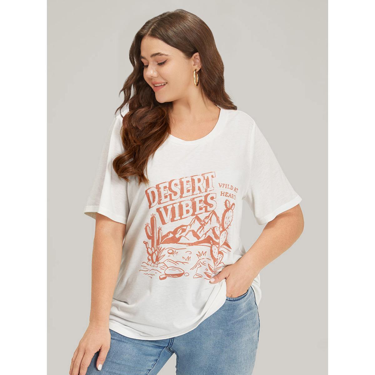 Plus Size Cactus & Letter Print Crew Neck T-shirt White Women Casual Printed Landscape Dailywear T-shirts BloomChic 30/6X Product Image