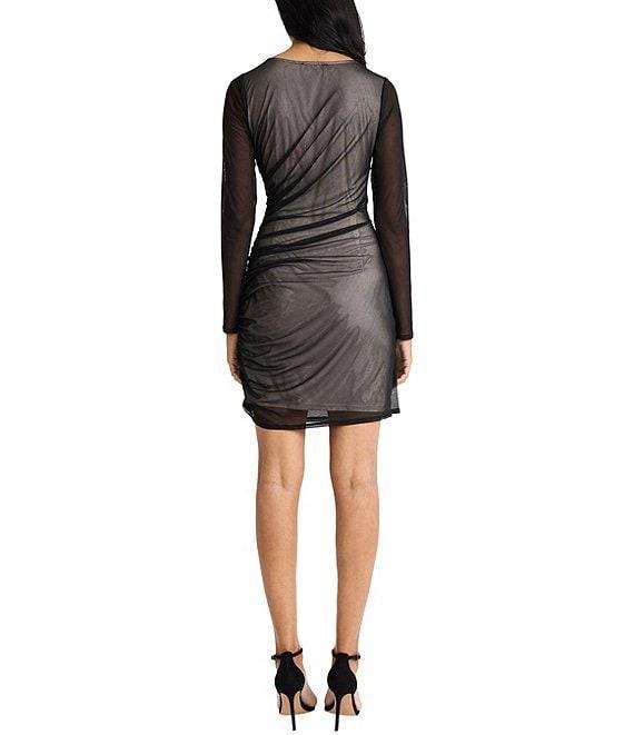 Donna Morgan Power Mesh Boat Neck Long Sleeve Ruched Bodice Mini Dress Product Image