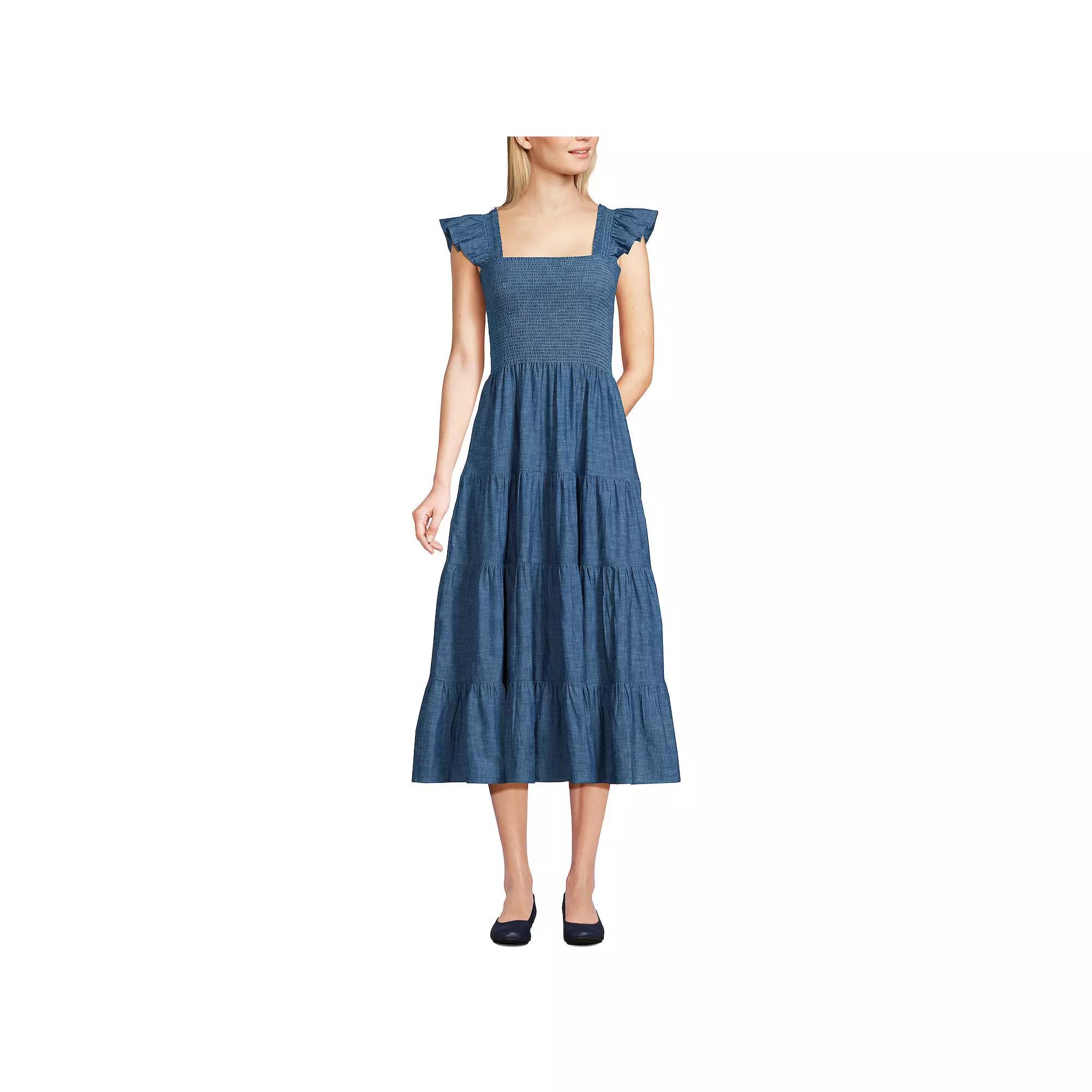 Women's Lands' End Chambray Smocked Ruffle Shoulder Midi Dress, Size: Large, Blue Chambray Product Image