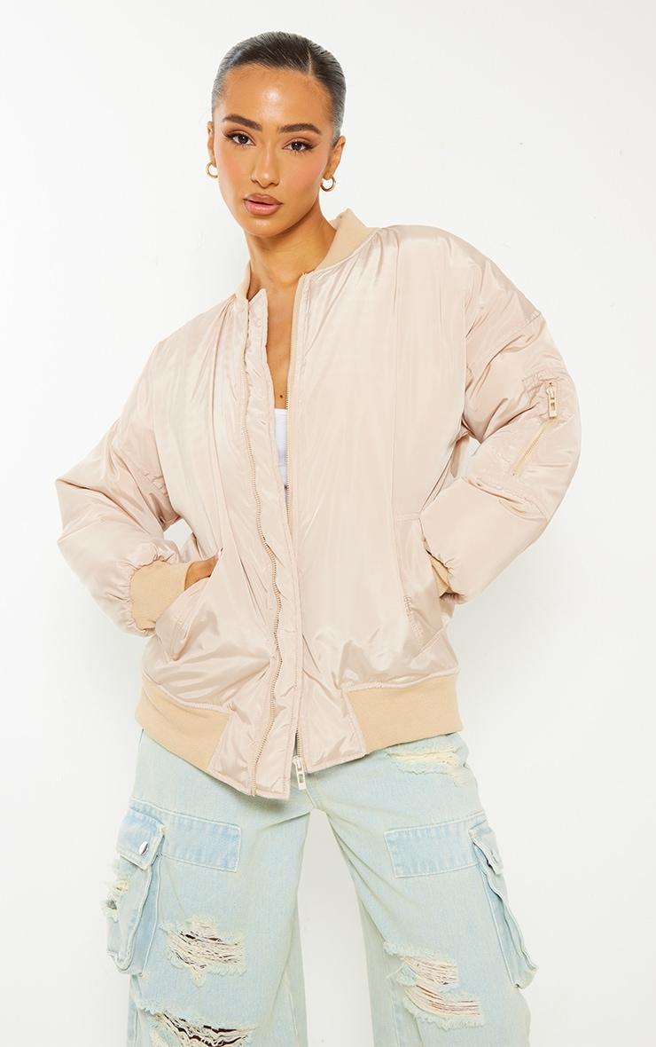 Petite Camel Oversized Zip Up Bomber Jacket Product Image
