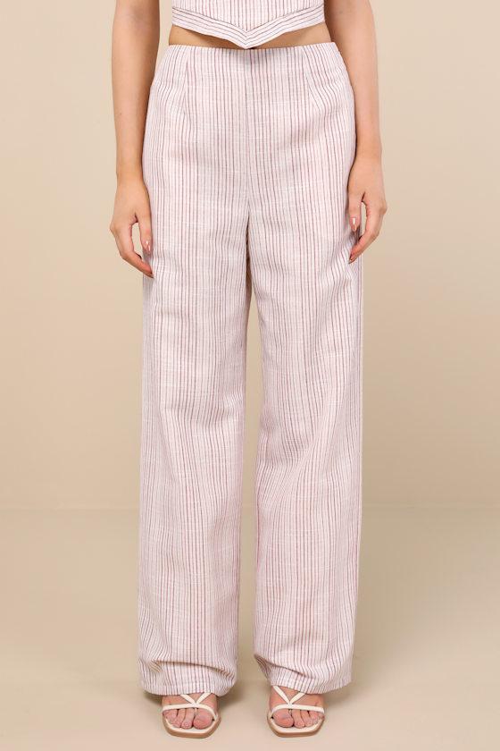 Anahita Cream and Red Striped Mid-Rise Straight Leg Pants Product Image