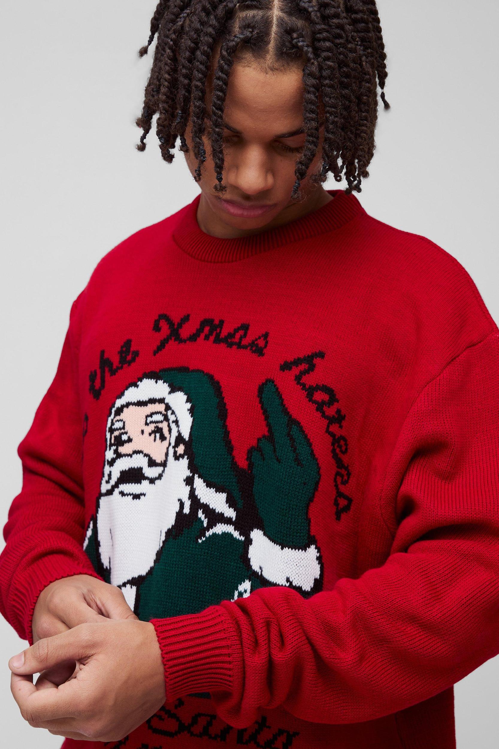 Oversized Boxy Love Santa Christmas Knitted Sweater | boohooMAN USA Product Image