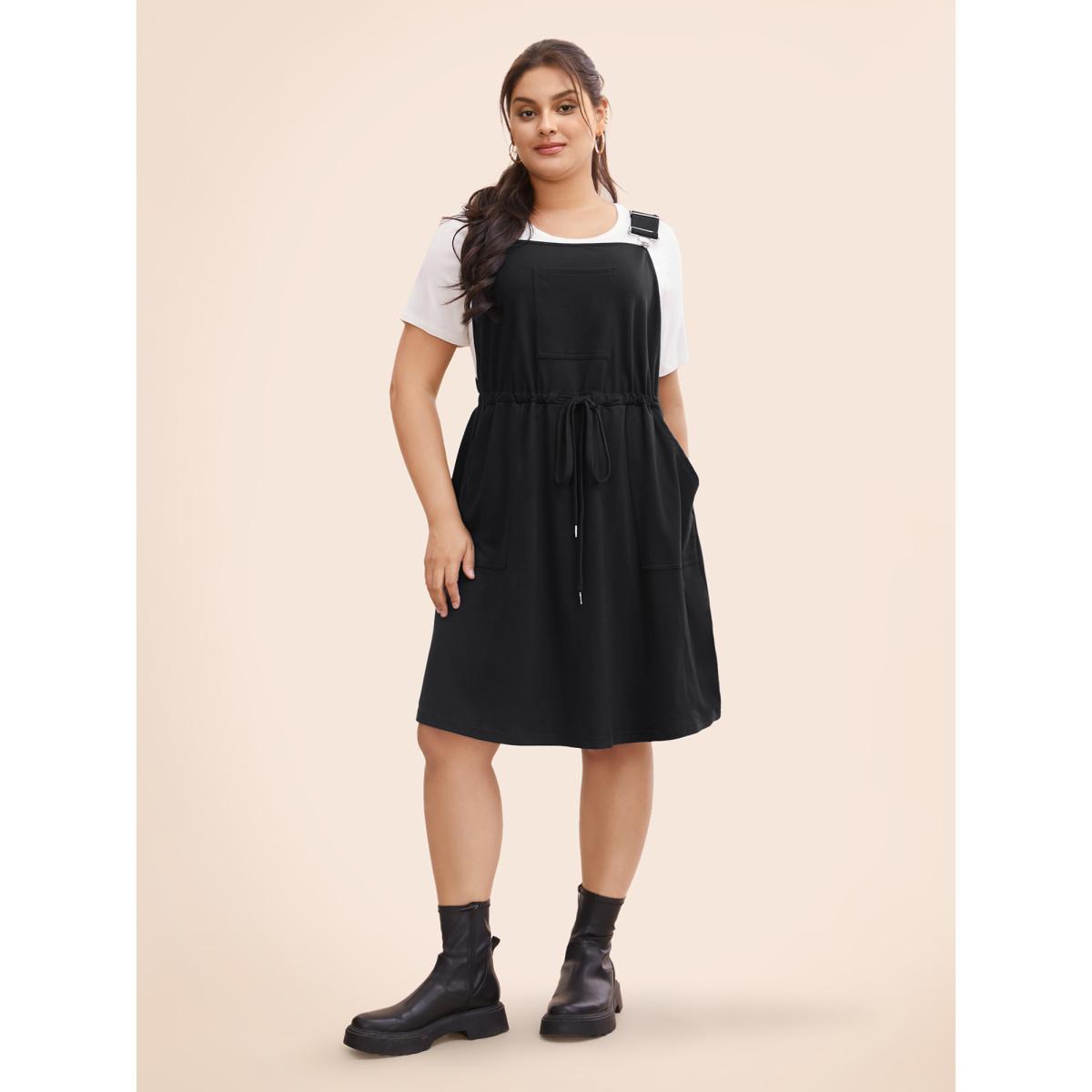 Plus Size Plain Pocket Drawstring Overall Dress Black Women Casual Non Non Sleeveless Curvy BloomChic 22-24/3X Product Image