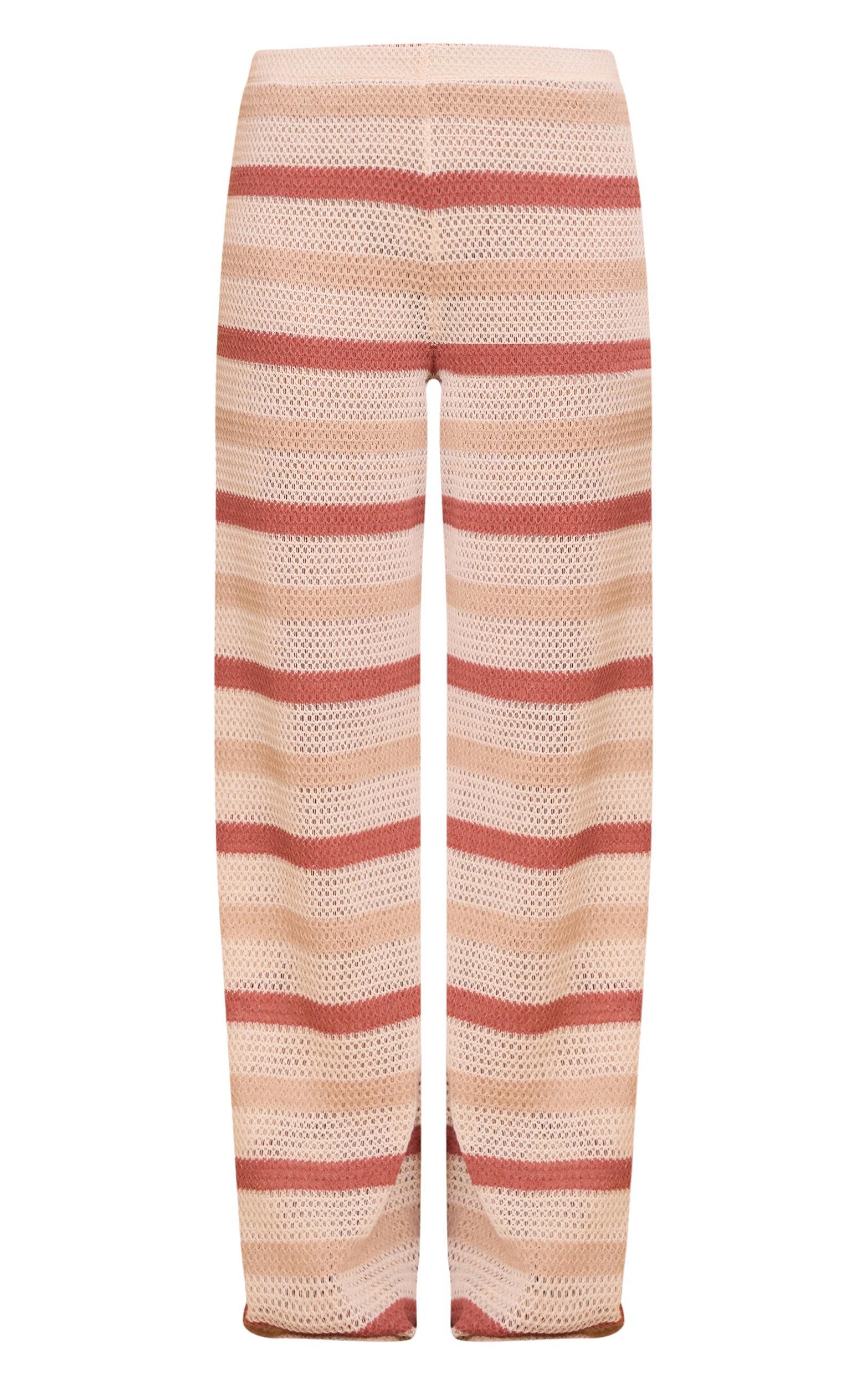 Beige Textured Striped Wide Leg Pants Product Image