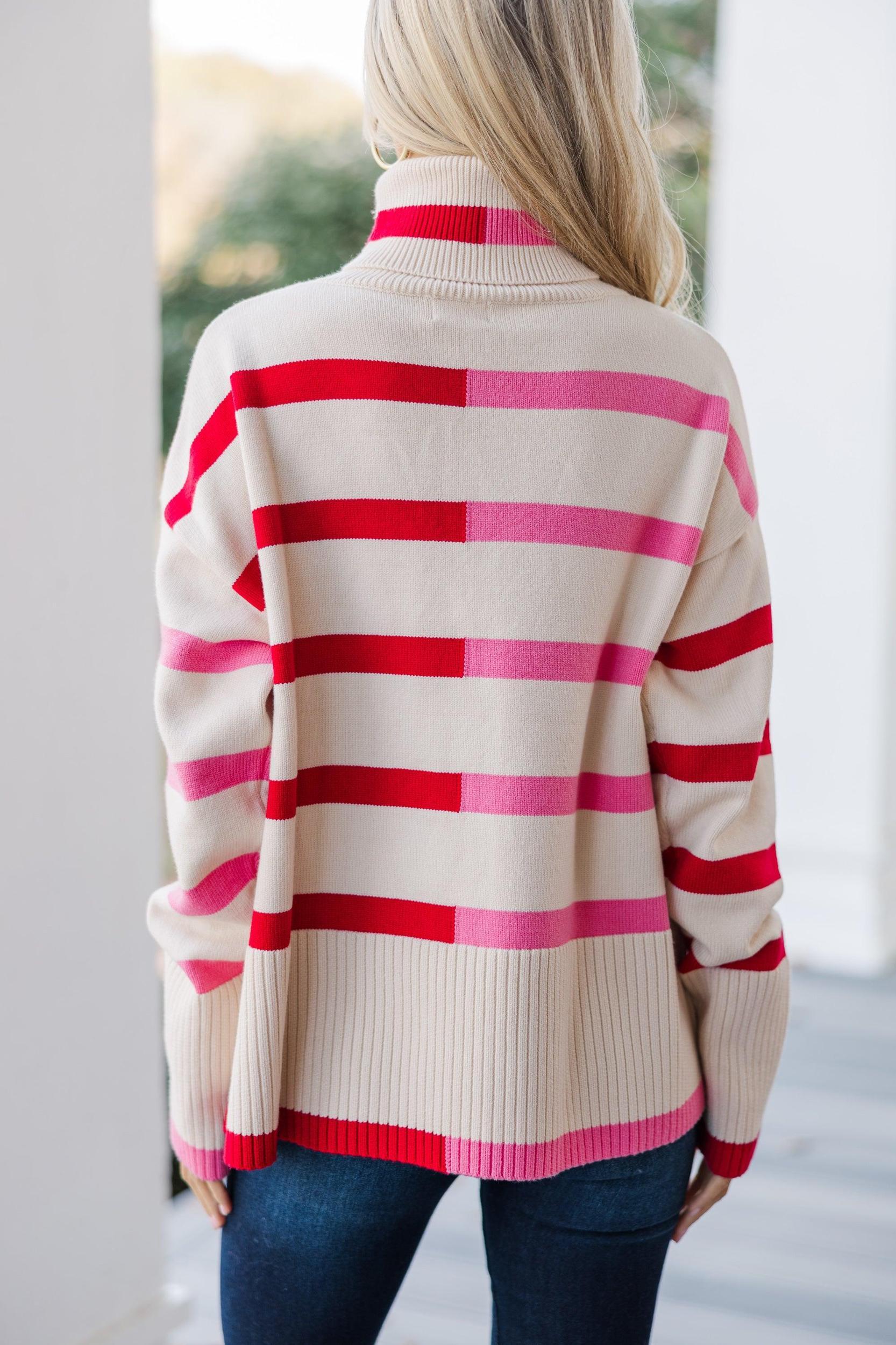 Have Your Fun Pink/Red Striped Turtleneck Sweater Female Product Image