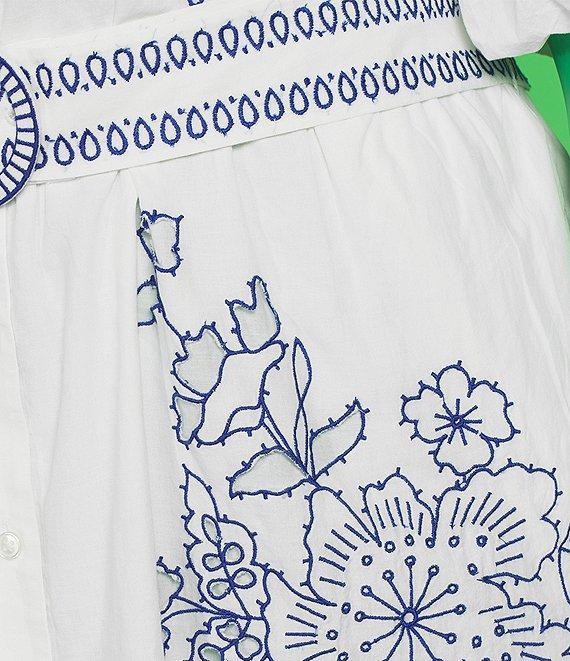 Eliza J Plus Size Embroidered Split V-Neckline Short Sleeve Shirt Dress Product Image