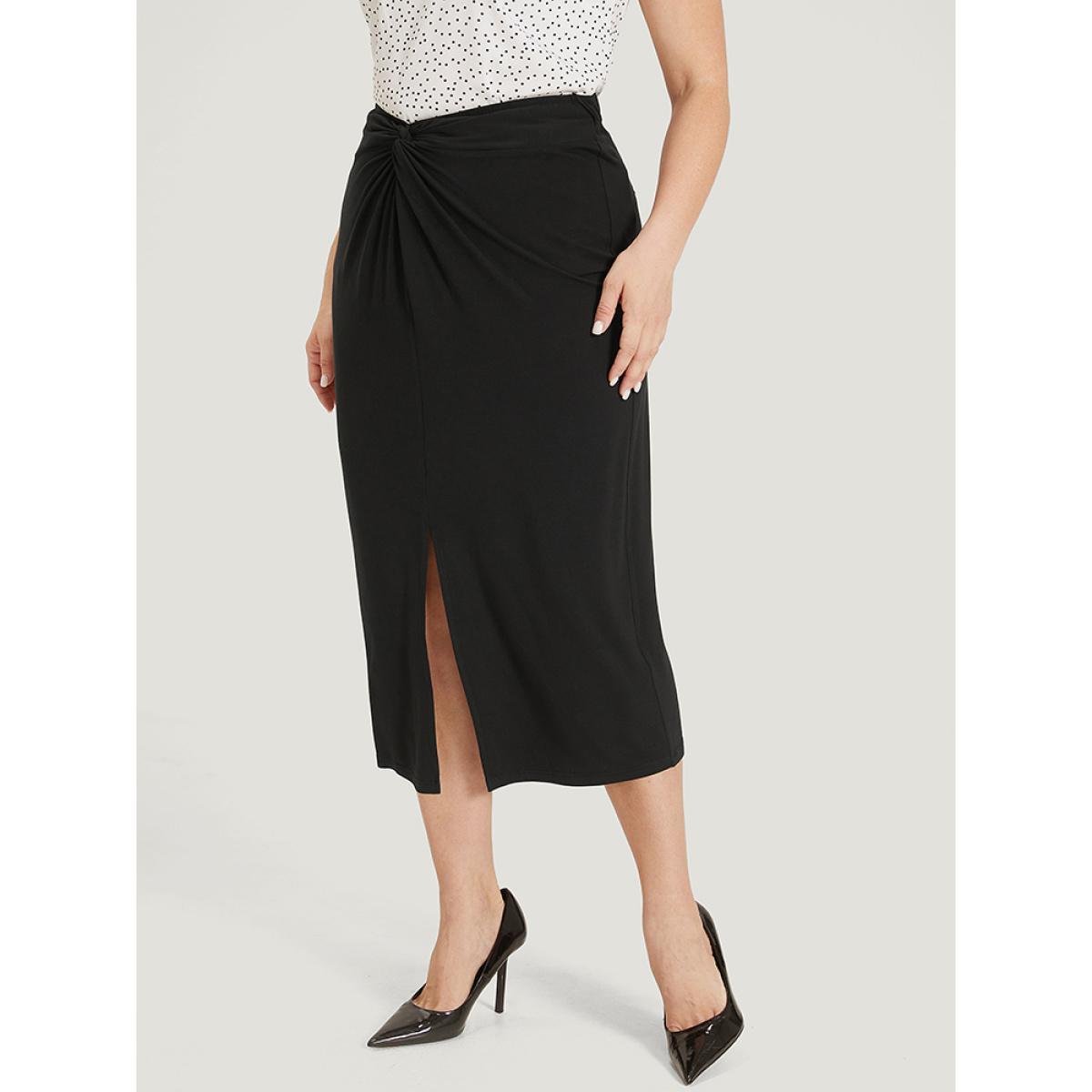 Plus Size Plain Twist Front Split Hem Midi Skirt Women Black Office Plain Low stretch Work Skirts BloomChic 12/L Product Image