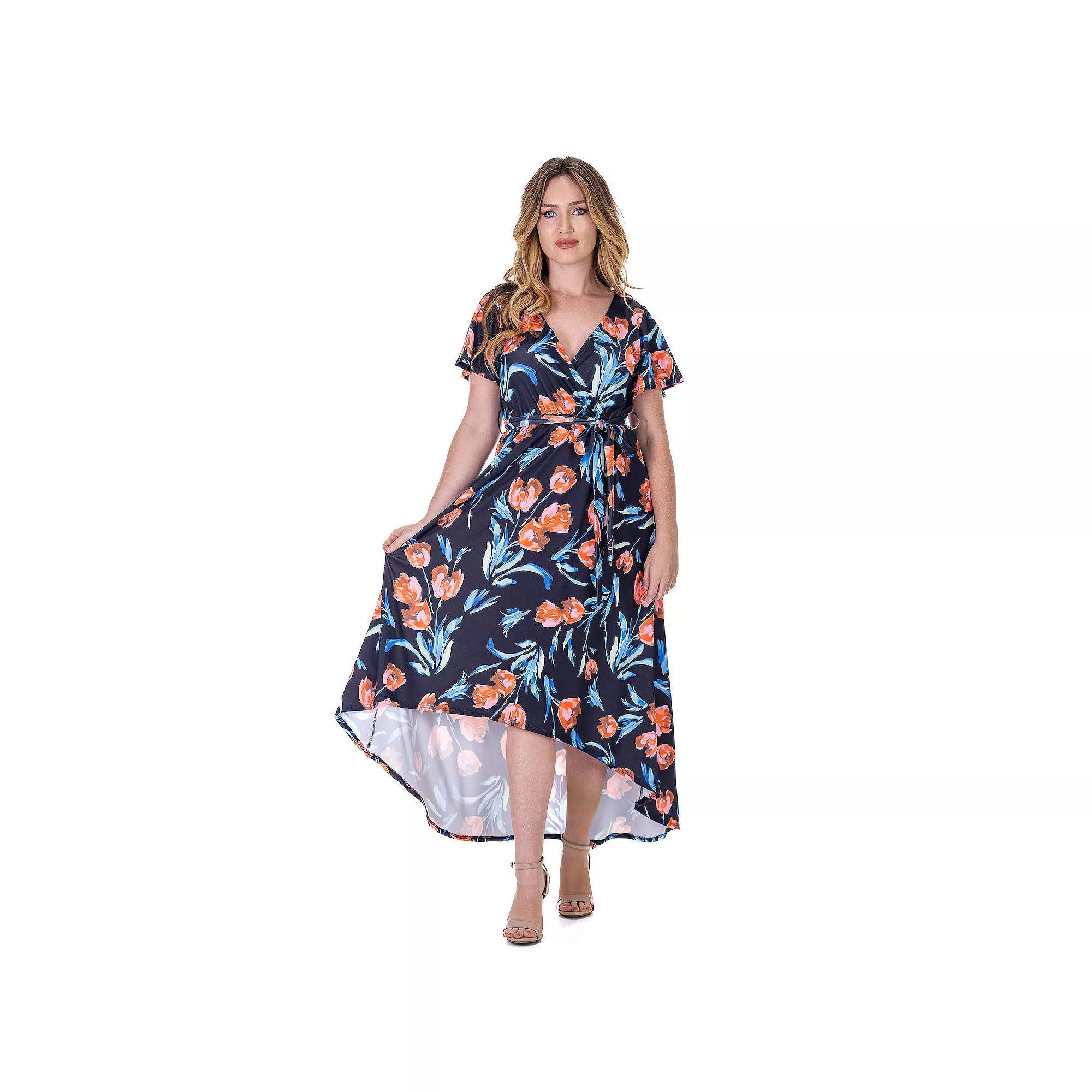 Womens 24Seven Comfort Apparel V Neck Belted High Low Faux Wrap Dress Product Image