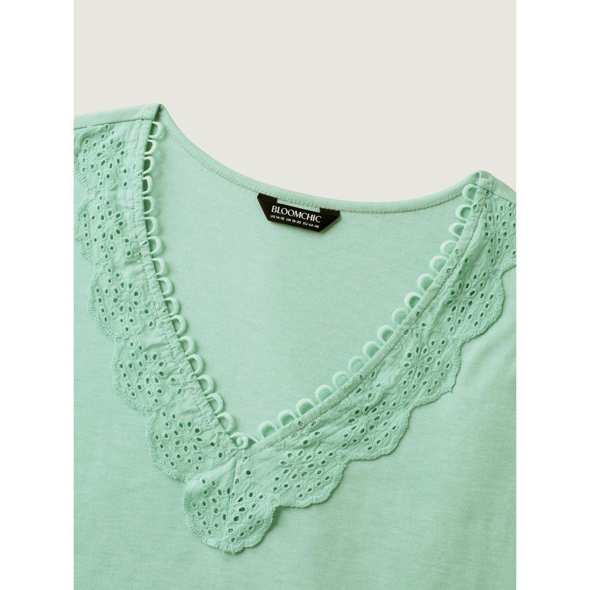 Plus Size Webbed Lace V-Neck Solid T-Shirt Mint Women Woven ribbon&lace trim V-neck Everyday-Elegant T-shirts BloomChic 12/L Product Image