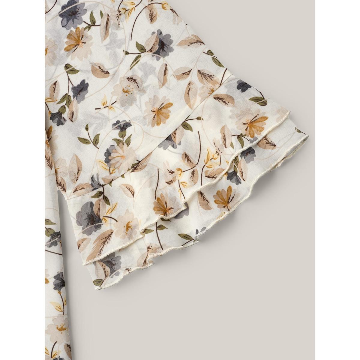 Plus Size Ivory Chiffon Floral Print Layered Blouse Women Elegant Elbow-length sleeve Round Neck Everyday Blouses BloomChic 28/5X Product Image