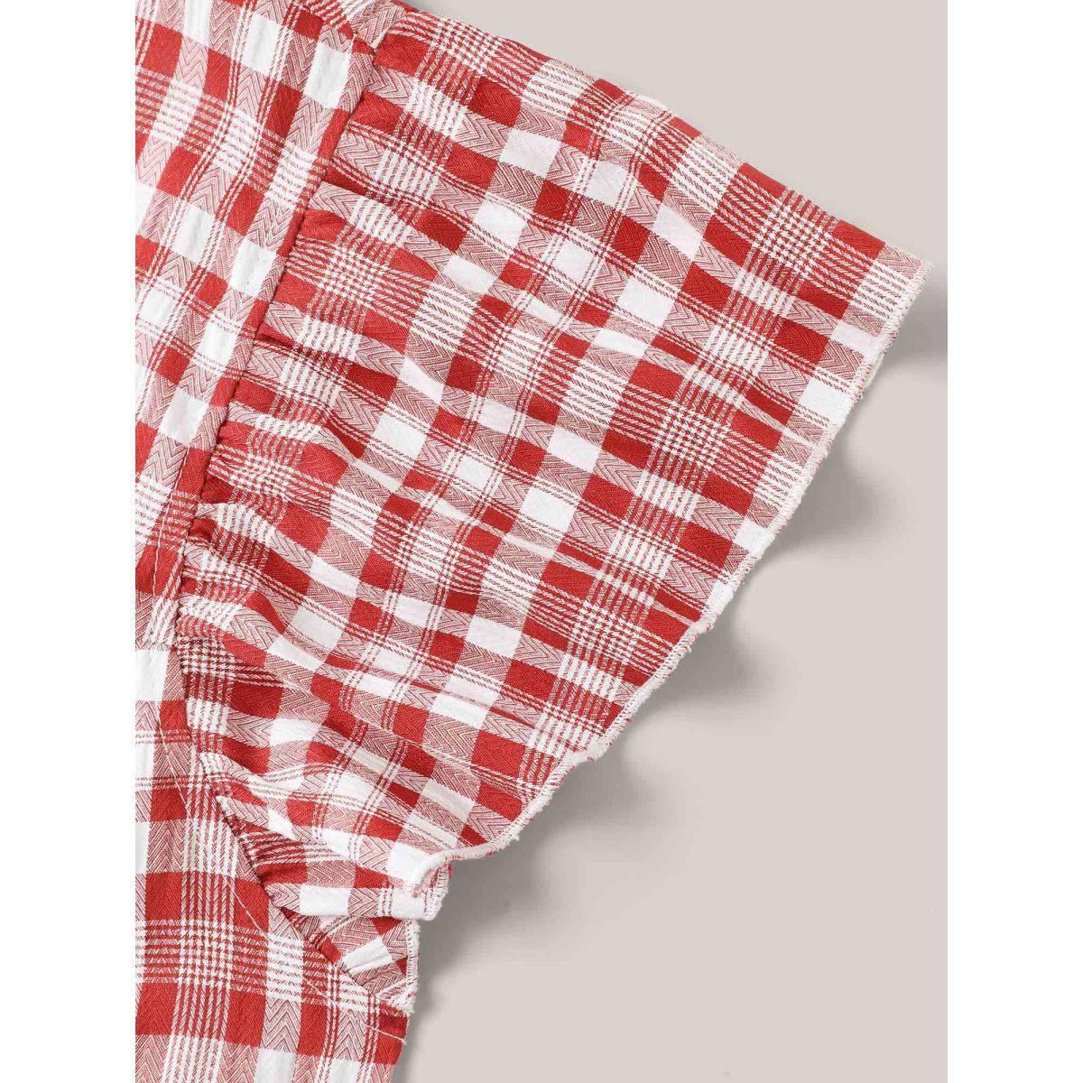 Plus Size Crimson Plaid Print Textured Lotus Leaf Sleeve Shirt Women Casual Cap Sleeve Round Neck Everyday Blouses BloomChic 10/M Product Image