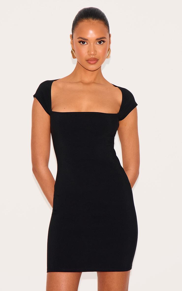Black Stretch Woven Square Neck Short Sleeve Dress Product Image