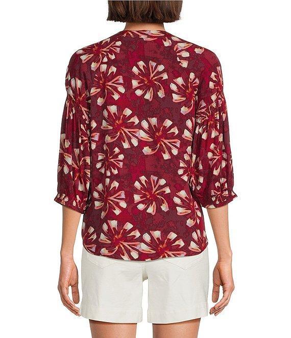 Westbound Petite Size Abstract Elbow Puff Sleeve Partial Button Front Top Product Image