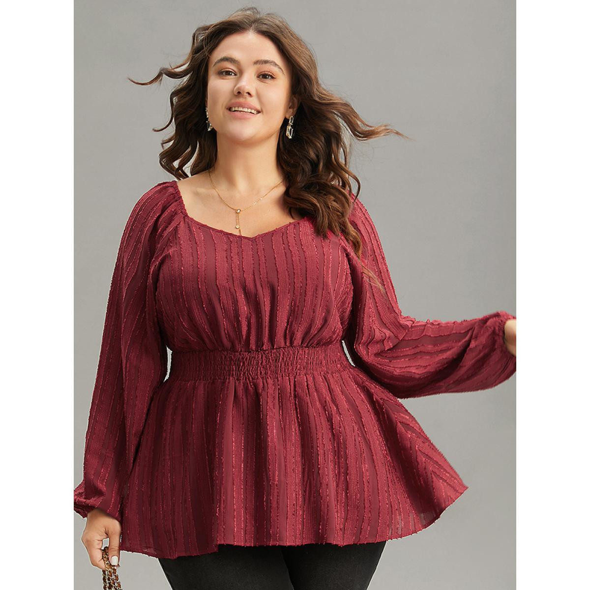 Plus Size Scarlet Plain Textured Shirred Lantern Sleeve Gathered Blouse Women Glamour Long Sleeve Square Neck Party Blouses BloomChic 14-16/1X Product Image