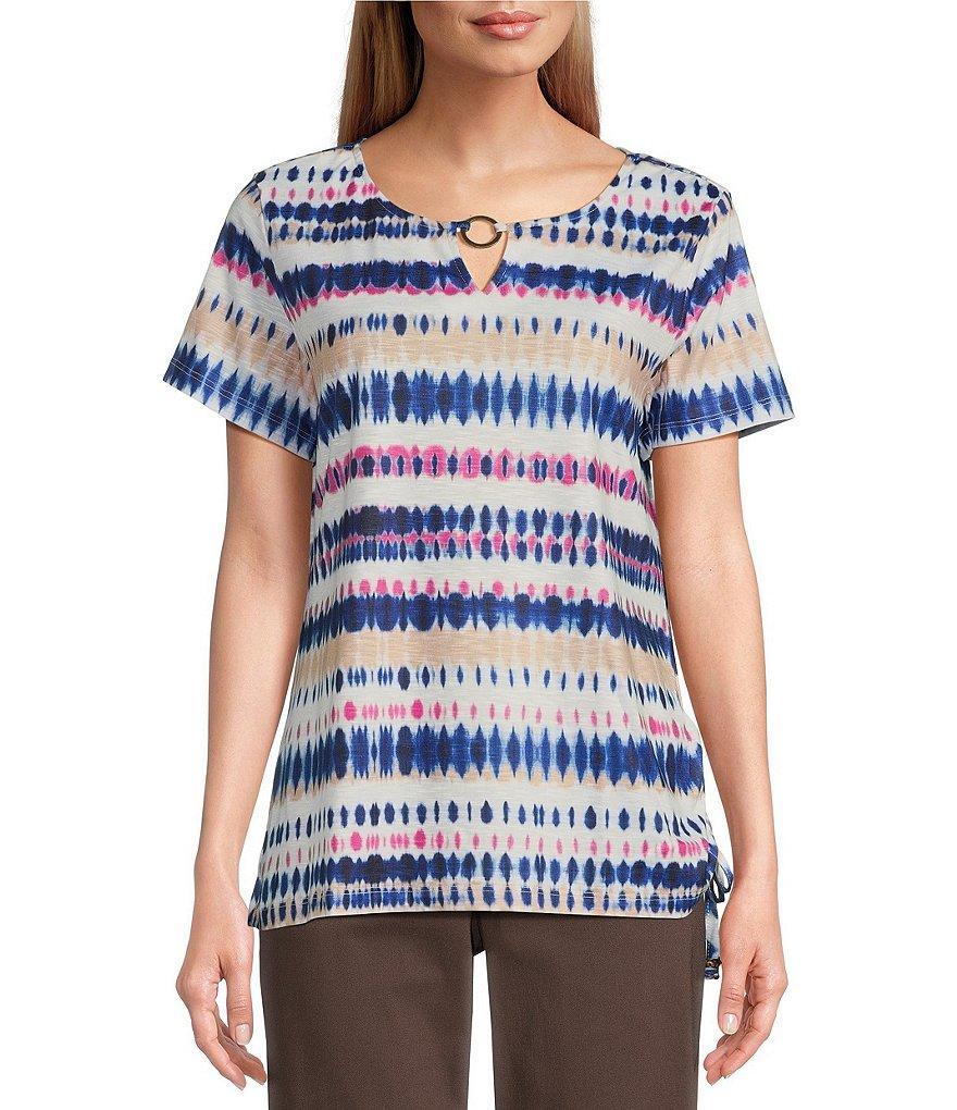 Allison Daley Tie-Dye Stripe Short Sleeve Keyhole Neck Ruched Side Tie Hem Knit Top Product Image