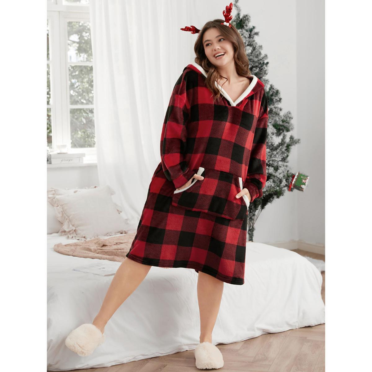 Plus Size Plaid Fuzzy Trim Pocket Hooded Dress Women Scarlet Casual Plaid Contrast Hooded Pocket Loungewear BloomChic 18-20/2X Product Image