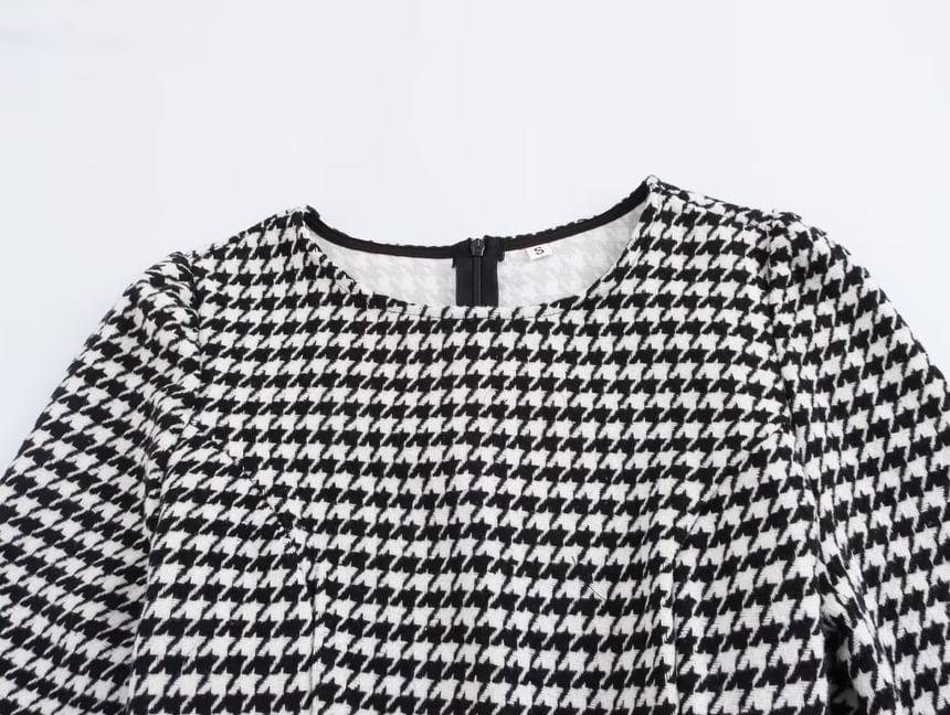 Long-Sleeve Round Neck Houndstooth Panel Mini A-Line Dress Product Image