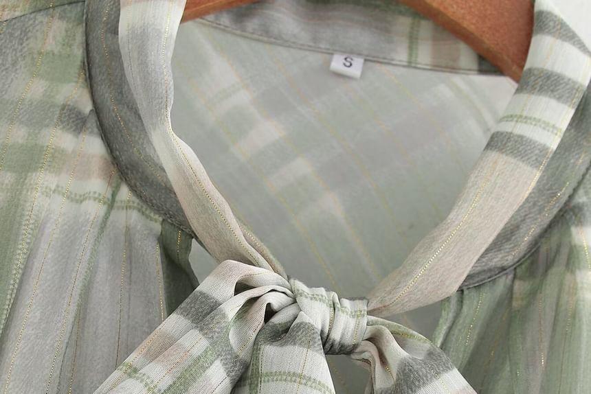 Set: Long Sleeve Tie Neck Plaid Maxi A-Line Dress + Belt Product Image