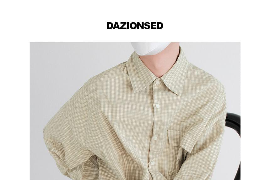 Long-Sleeve Drop-Shoulder Plaid Pocket Detail Shirt Product Image