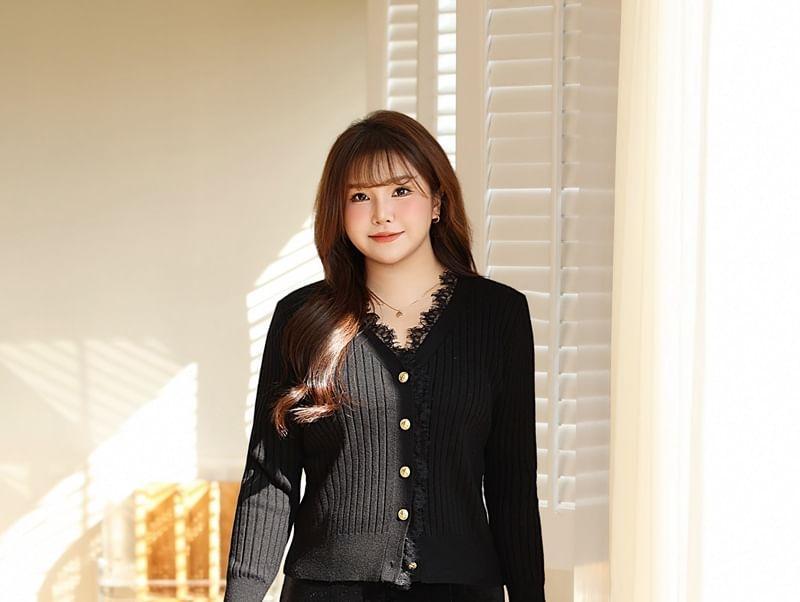 Plus Size V-Neck Plain Lace Trim Button Down Cardigan Product Image